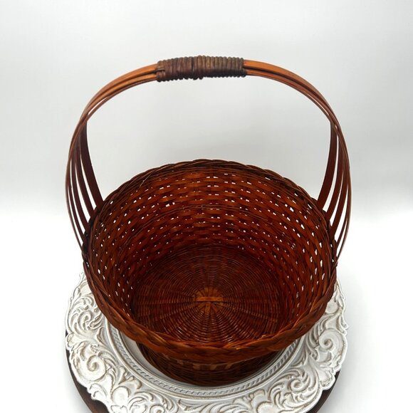 Large Rich Deep Brown Woven Rattan Basket With Braided Rim for Storage Or Decor - Picture 8 of 9